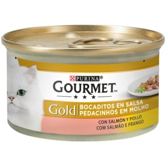 Comida Húmida para Gato Gold Pedacinhos em Molho com Salmão e Frango lata 85 g - Gourmet