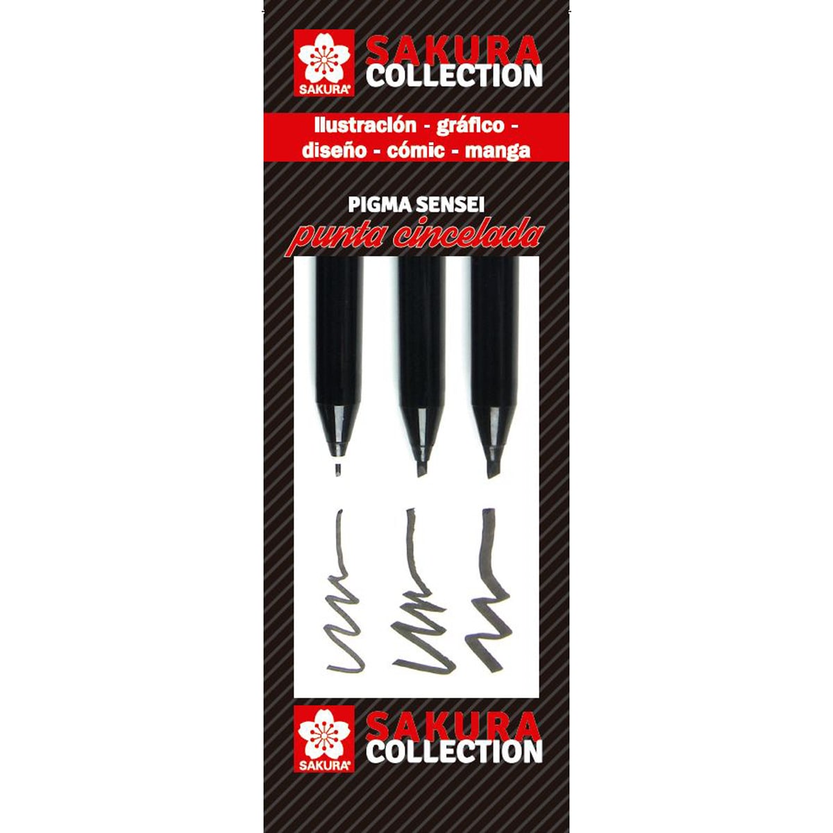 Set de Tres Rotuladores Pigma Sensei de Color Negro Varios Tamaños Punta Cincelada Sakura Multicolor Multicolor-1