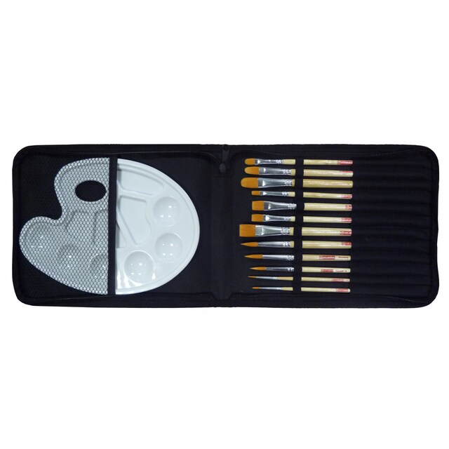 Imagen 0 de Set de Doce Pinceles Artcreation Mango Corto Para Acuarela y Tempera En Organizador de Lona y Paleta de Plástico Artcreation Negro