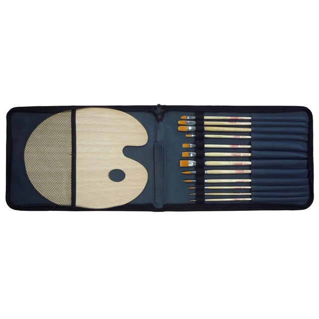 Imagen 0 de Set de Doce Pinceles Artcreation Mango Largo Para Oleo y Acrílico En Organizador de Lona y Paleta de Madera Artcreation Negro