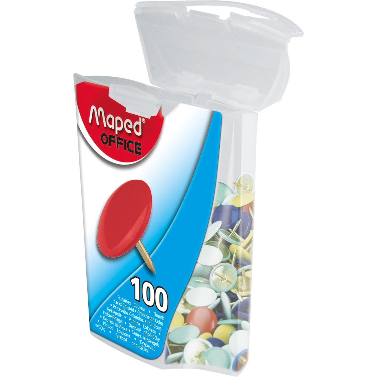 Imagen 0 de Caja de Plástico 100 Chinchetas Acero Plastificado Maped Colores Surtidos