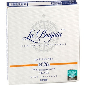 mejillones en escabeche fritos grandes de las Rías Gallegas 6-8 piezas lata 75 g neto escurrido - La Brujula