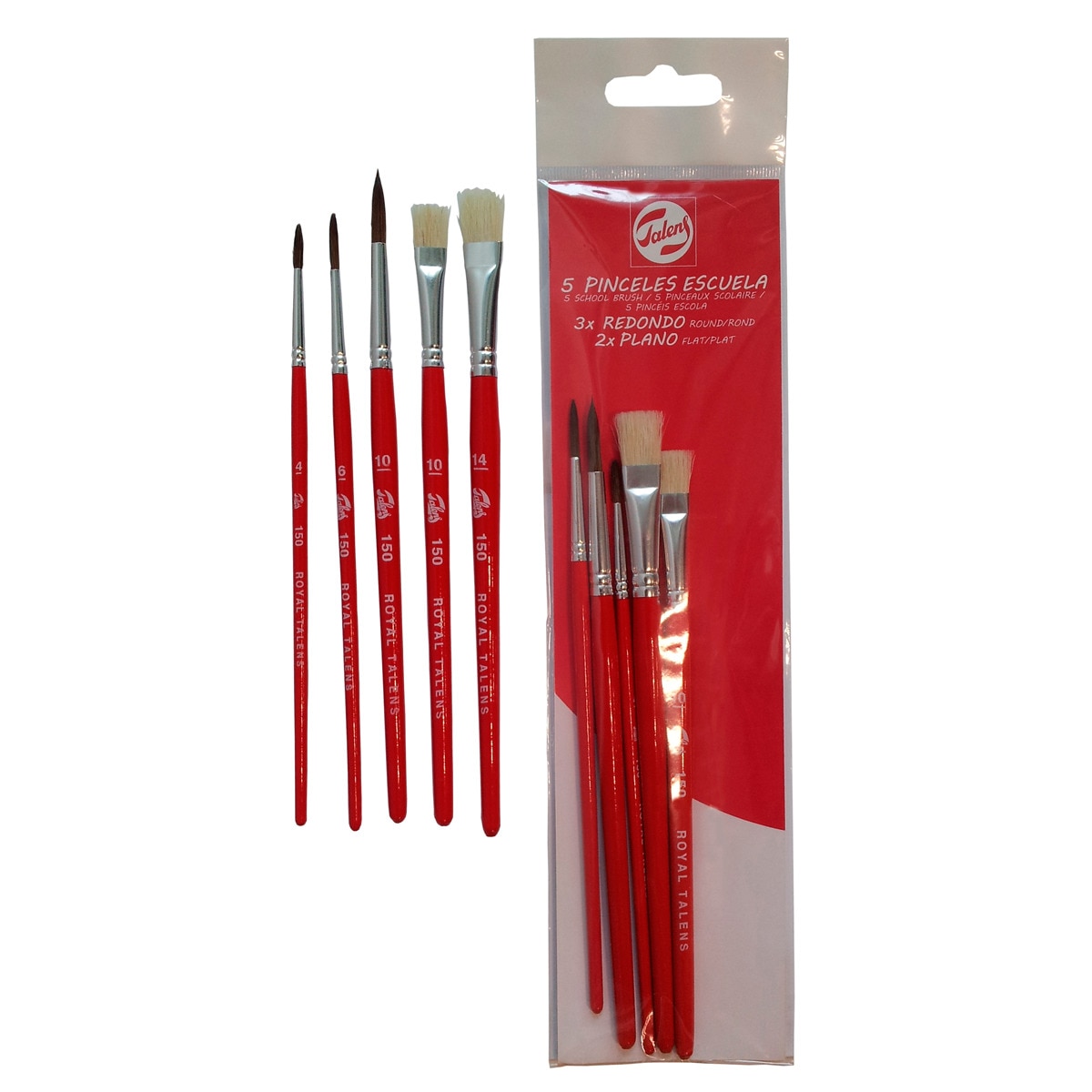 Imagen 0 de Set 5 Pinceles Mango Corto Serie 150 Ideal para Uso Infantil / Escolar Talens Rojo