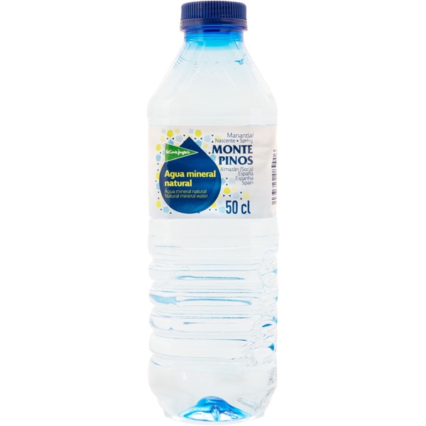 agua mineral natural del manantial Monte Pinos botella 50 cl