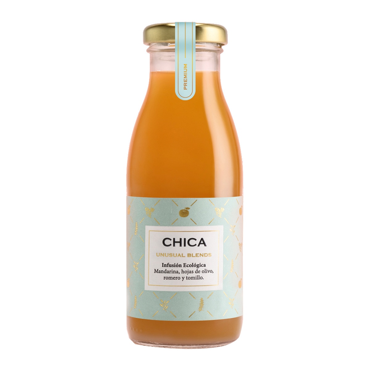 Bebida ecológica infusionada de mandarina, hojas de olivo, romero y tomillo, sin gluten, Chica 1