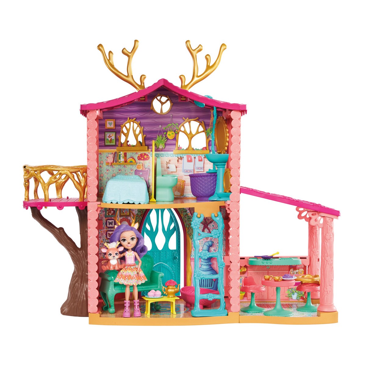 Enchantimals Supercasa del bosque y muñeca Danessa, casa de muñecas