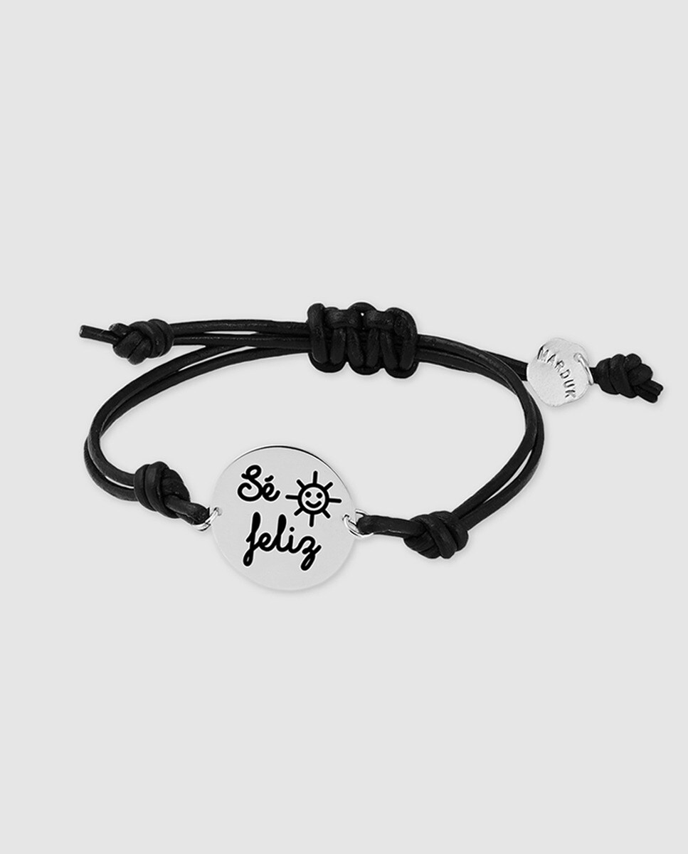 Marduk - Pulsera De Plata Con Piel Negra Y Mensaje Sé Feliz