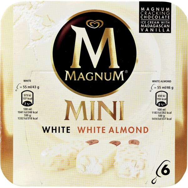 Magnum Mini Gelado de Chocolate Branco com Amêndoa e de Chocolate Branco Pack 6 embalagem 55 ml