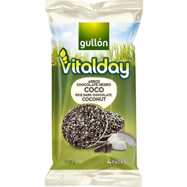 Tortitas de Arroz Vitalday Cobertas com Chocolate Preto e Coco Pack 4 embalagem 117,6 g