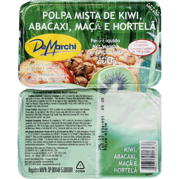 De Marchi Polpa Mista de Kiwi, Abacaxi, Maçã e Hortelã embalagem 200 g