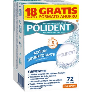 tabletas limpiadoras para prótesis dentales acción desinfectante con oxígeno activo caja 72 unidades - Polident