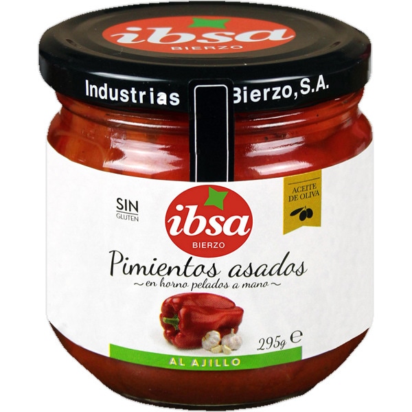 pimientos asados en horno pelados a mano al ajillo sin gluten frasco 295 g neto escurrido