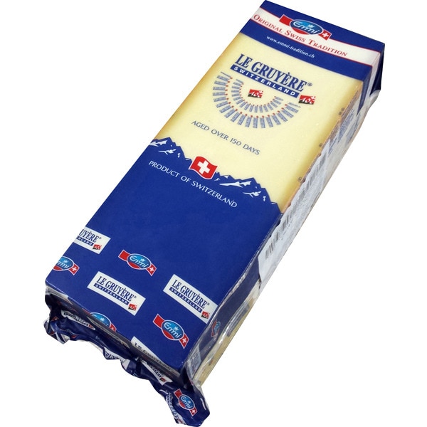 Le Gruyère Swiss cheese made with unpasteurised cow's milk cured for at