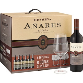 vino tinto reserva DOCa Rioja caja 6 botellas 75 cl + 6 copas de regalo - Añares