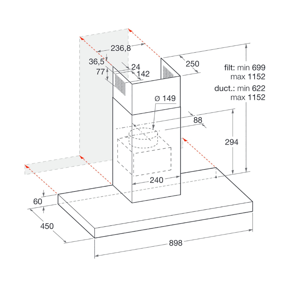 Campana decorativa Indesit 3 potencia de extracción - IHBS 9.4 LM X Inox-2