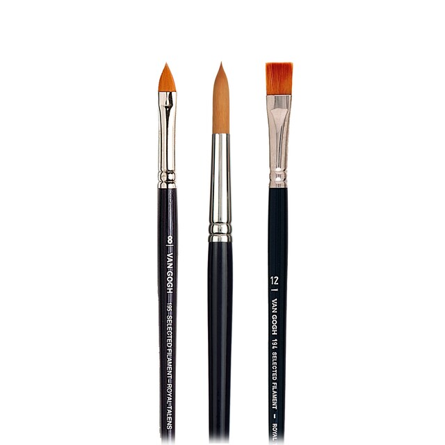 Imagen 0 de Set de 3 Pinceles de Mango Corto de Punta Redonda, Plana y Lengua de Gato para Acuarela y Témpera Van Gogh Azul