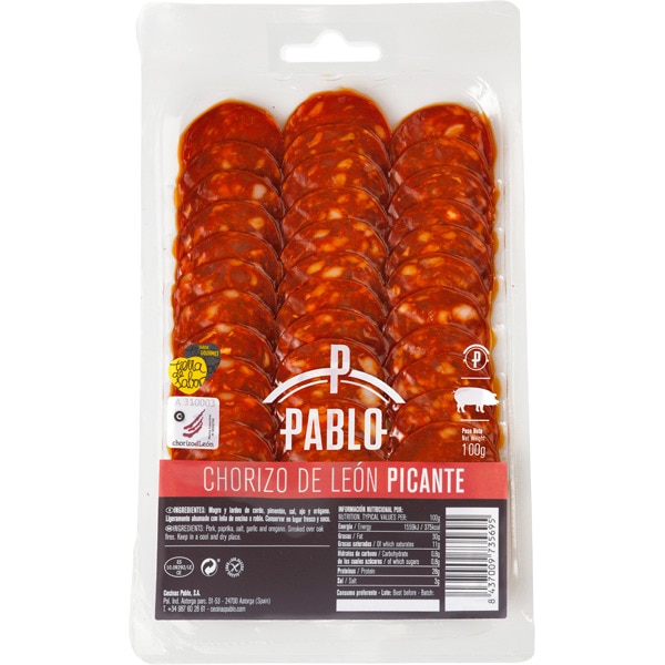 chorizo de León picante en lonchas sin gluten envase 100 g