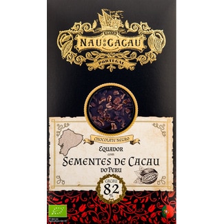 Chocolate Preto Equador com Sementes de Cacau do Peru 82% Cacau Biológico embalagem 80 g - Nau Do Cacau