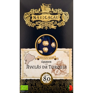 Chocolate Preto Equador com Avelãs da Turquia 80% Cacau Biológico embalagem 80 g - Nau Do Cacau