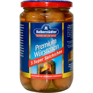 salchichas Bockwurst super 5 unidades sin gluten, sin lactosa frasco 400 g neto escurrido - Halberstädter