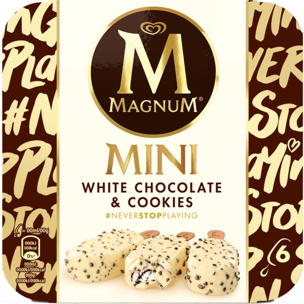 Magnum Mini Gelado de Chocolate Branco e Cookies Pack 6 embalagem 55 ml