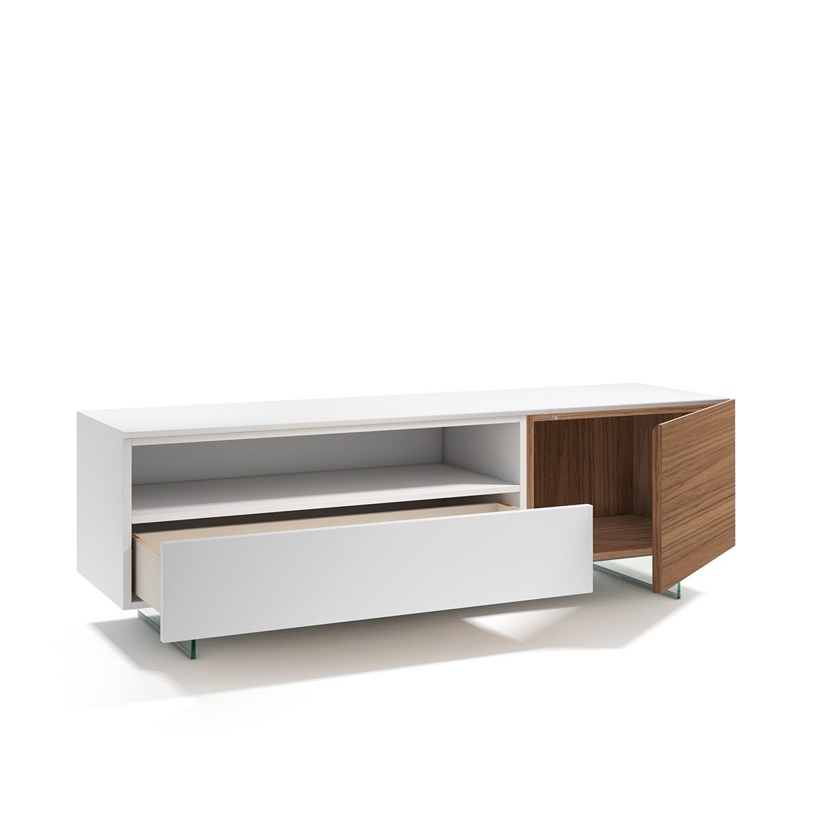 Mueble de TV con 1 hueco, 1 cajón y 1 puerta abatible sobre patas de