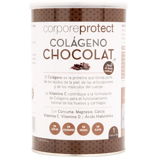 colágeno sabor chocolate con cúrcuma, magnesio, calcio, vitaminas C y D y Ac. hialurónico bote 250 g sin azúcar y sin gluten