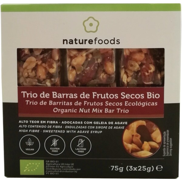 Naturefoods Trio de Barras de Frutos Secos sem Glúten Biológicas embalagem 75 g