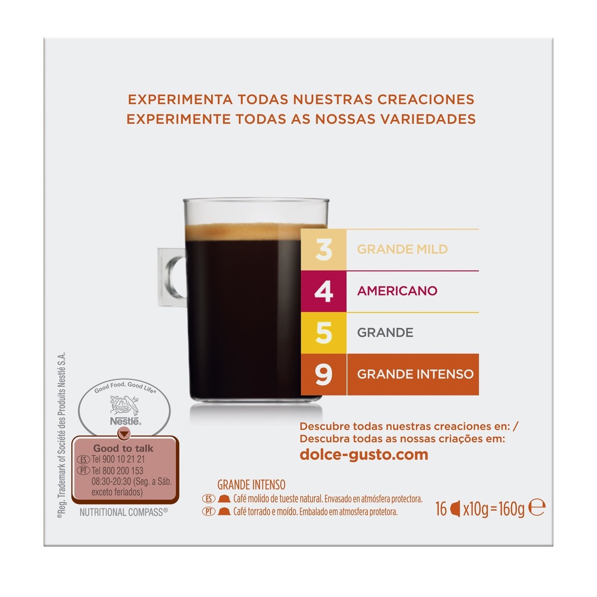 Estuche 16 cápsulas NESCAFE DOLCE GUSTO café Grande Intenso Premium arábica de Ethiopia, Kenya y Colombia intensidad 9 4