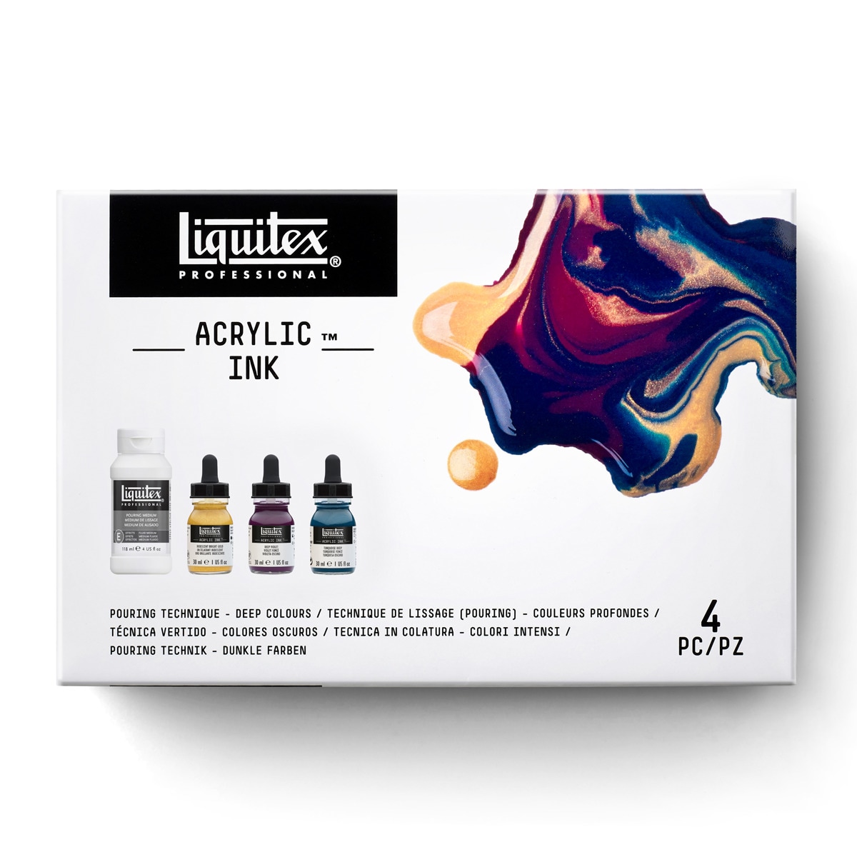 Set de Técnica Vertido con 3 Tintas Acrílicas de 30 ml y 1 Médium de Alisado de 118 ml Colores Oscuros 1