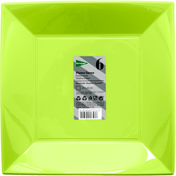 plato llano cuadrado verde reutilizable 23x23cm paquete 6 unidades