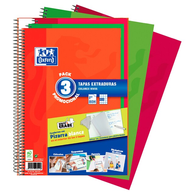 Imagen 0 de Pack 3 Cuadernos Espiral A4 80 Hojas Tapa Extra Dura Write&Erase Oxford Colores Vivos