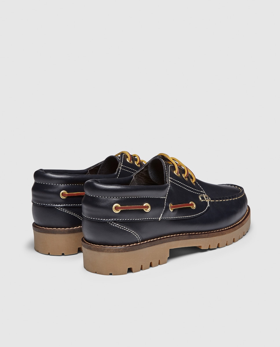 Náutico cordones de hombre de piel con piso de goma Azul marino-3