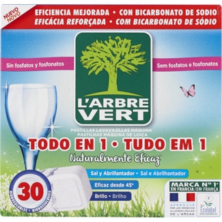 Detergente para a Máquina da Loiça Tudo em 1 Sal e Abrilhantador Ecológico embalagem 30 pastilhas - L' Arbre Vert