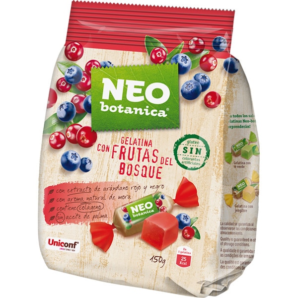 caramelos de gelatina con frutas del bosque y extracto de arándano rojo y negro bolsa 150 g con colágeno y sin gluten