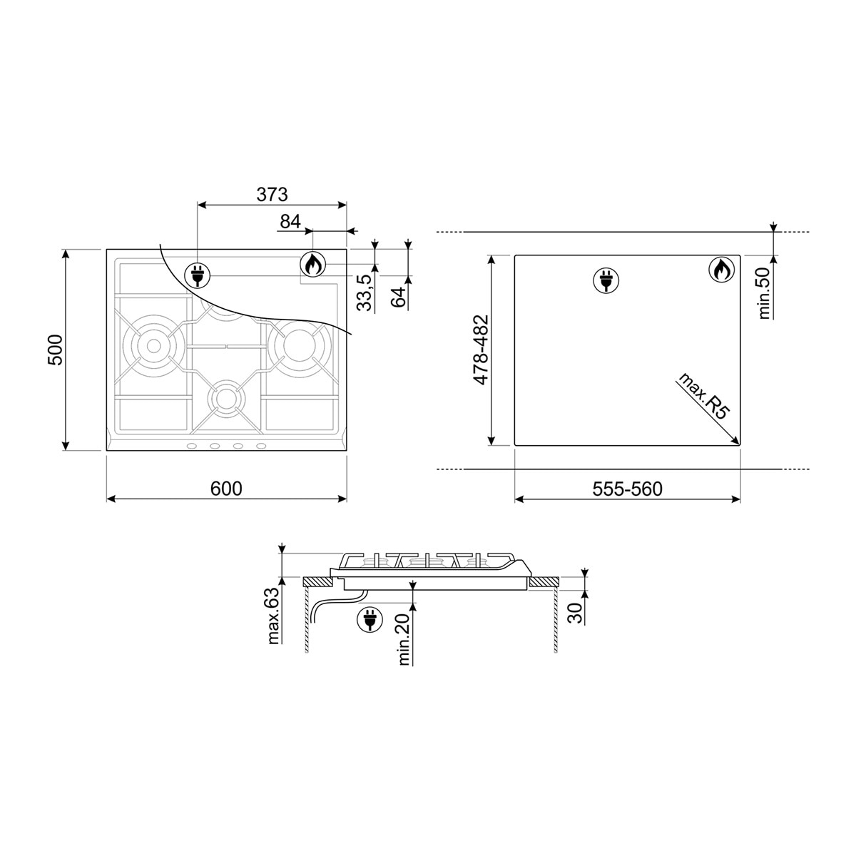 Placa gas Smeg 4 quemadores - SR264XGH2 Inox-2
