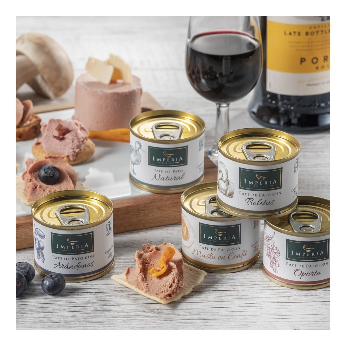 Estuche con 5 variedades de paté de pato surtido natural, Oporto, arándanos, boletus y muslo en confí Imperia 3