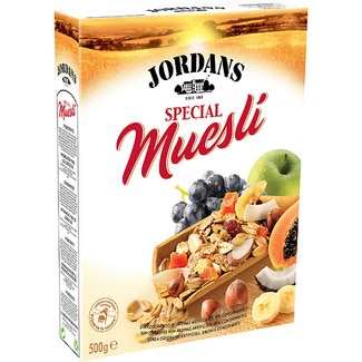 Muesli Special cereales de desayuno con 32% de frutas y frutos secos paquete 500 g - Jordans