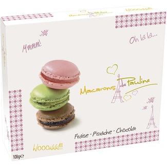 galletas rellenas de fresa, pistacho y chocolate estuche 108 g - Macarons De Pauline