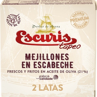 Tapeo mejillones en escabeche frescos y fritos en aceite de oliva pack 2 lata 35 g neto escurrido - Escuris