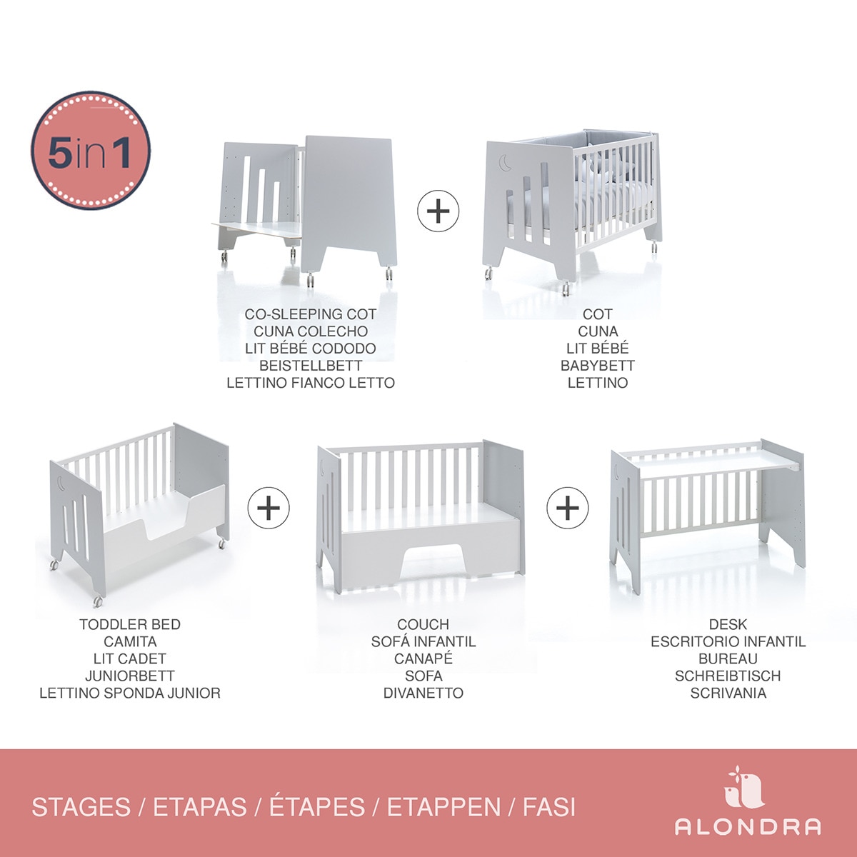 Berço de Co-Sleeping Omni 5 em 1 Berço/Berço de Co-Sleeping/Cama/Sofá/Secretária Arena 60x120 cm - Bege/Areia-Mate Bege-Areia mate-2
