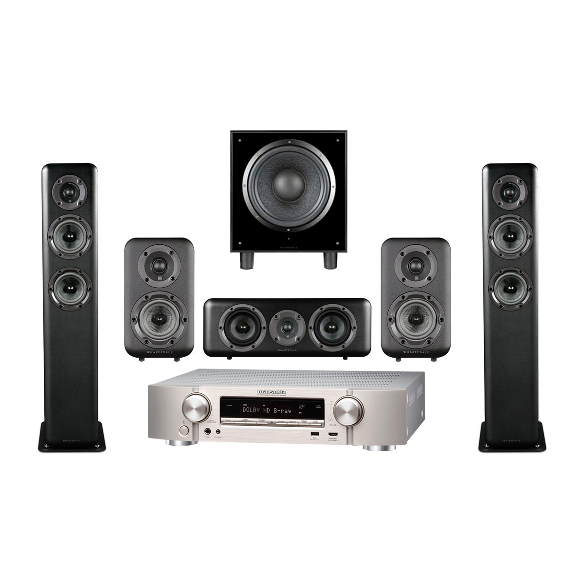 Imagen 0 de Conjunto Receptor AV Marantz NR1510 5.2 + Altavoces Wharfedale: Estantería D310 + Suelo D330 + Canal central D300C + Subwoofer activo SW-10