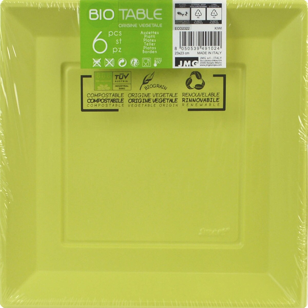 plato compostable de origen vegetal verde 23x23cm paquete 6 unidades