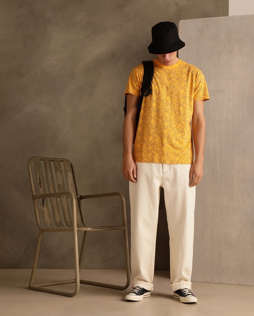 Camiseta de seda de hombre amarillo de m