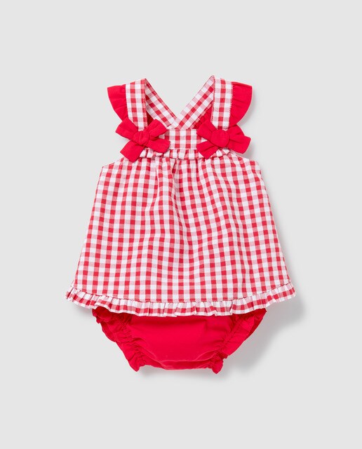 Vestido de bebé niña cuadro vichy en rojo y blanco · Dulces Bermuda blanca y camisa de cuadros vichy rojo para bebé