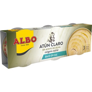 atún claro en aceite de oliva virgen extra bajo en sal pack 3 latas 67 g neto escurrido - Albo