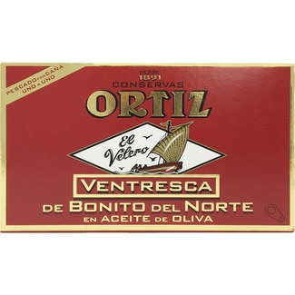 ventresca de bonito del norte en aceite de oliva pescado a mano uno a uno lata 80 g neto escurrido - Ortiz