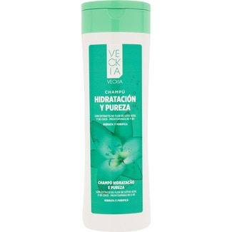 champú Hidratación y Pureza con flor de loto azul y aceite de coco frasco 400 ml brillo y suavidad para cabello normal - Veckia