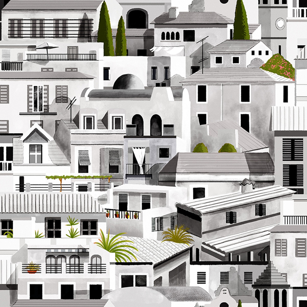 Papel pintado ilustración serie Mallorca Coordonne Gris-1