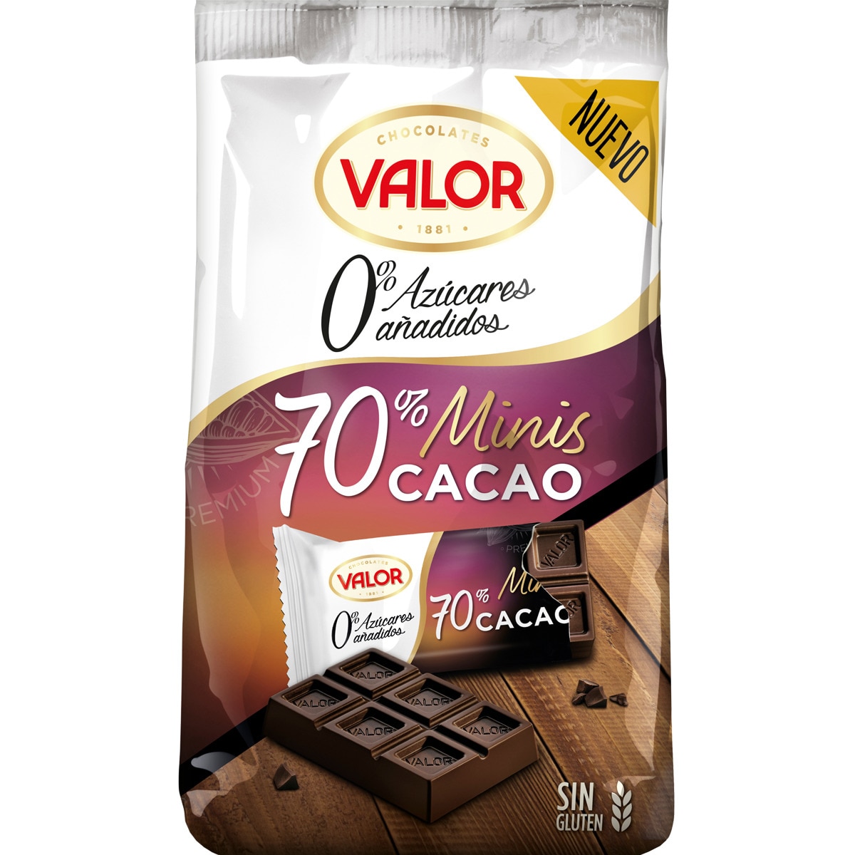 mini tabletas de chocolate negro 70% cacao 0% azúcares añadidos y sin gluten bolsa 144 g